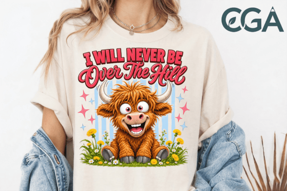 Never Over The Hill Highland Cow PNG: A Design Asset for Ageless Humor