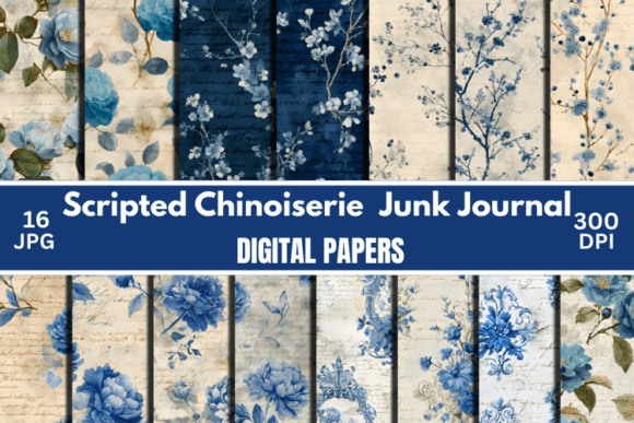 Scripted Chinoiserie Junk Journal Kit: Crafting Timeless Elegance